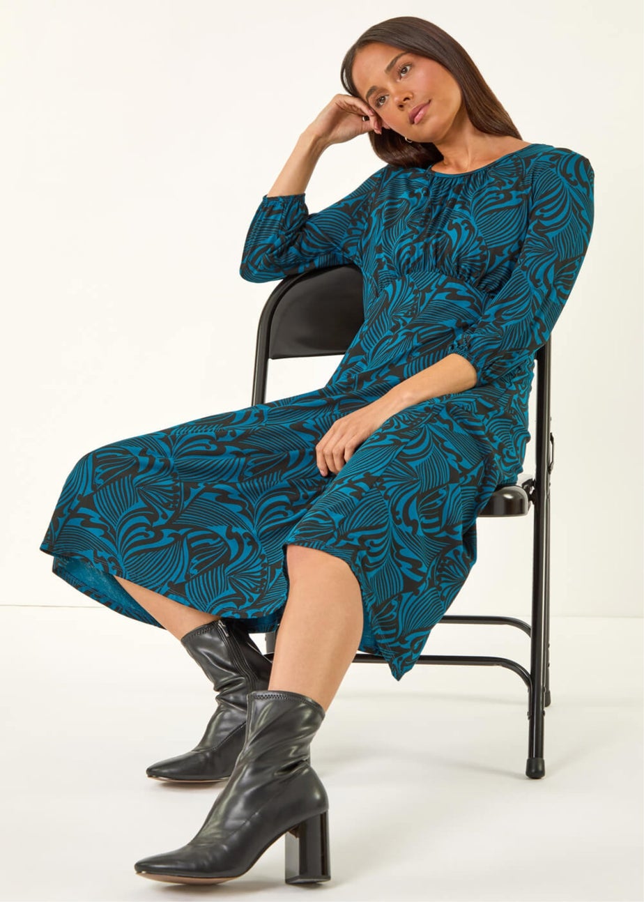 Roman Blue Petite Abstract Swirl Midi Dress