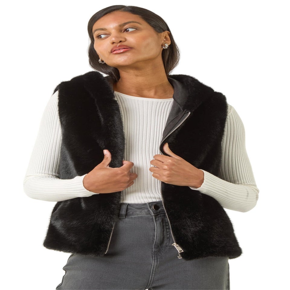 Roman Black Hooded Faux Fur Gilet