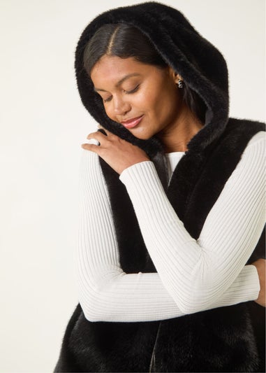 Roman Black Hooded Faux Fur Gilet