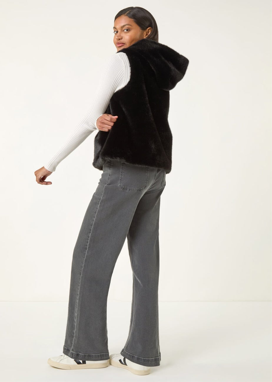 Roman Black Hooded Faux Fur Gilet