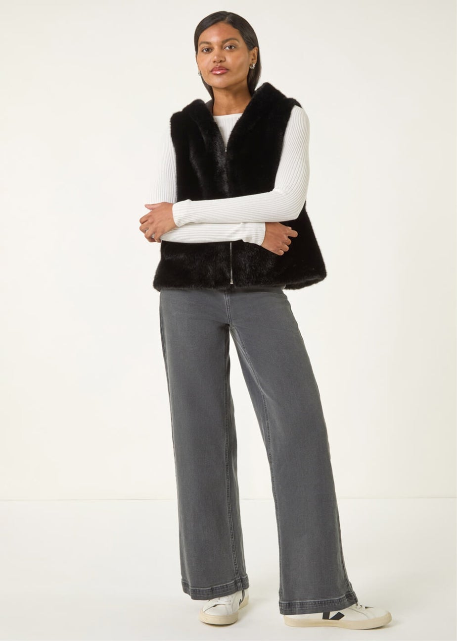 Roman Black Hooded Faux Fur Gilet