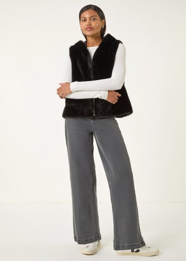 Roman Black Hooded Faux Fur Gilet