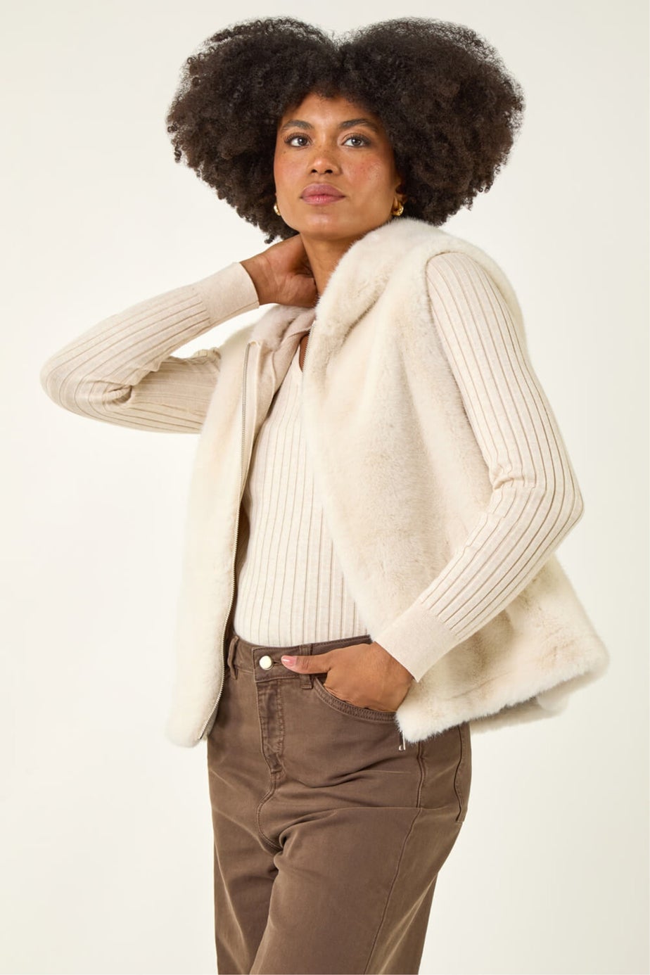 Roman Beige Hooded Faux Fur Gilet