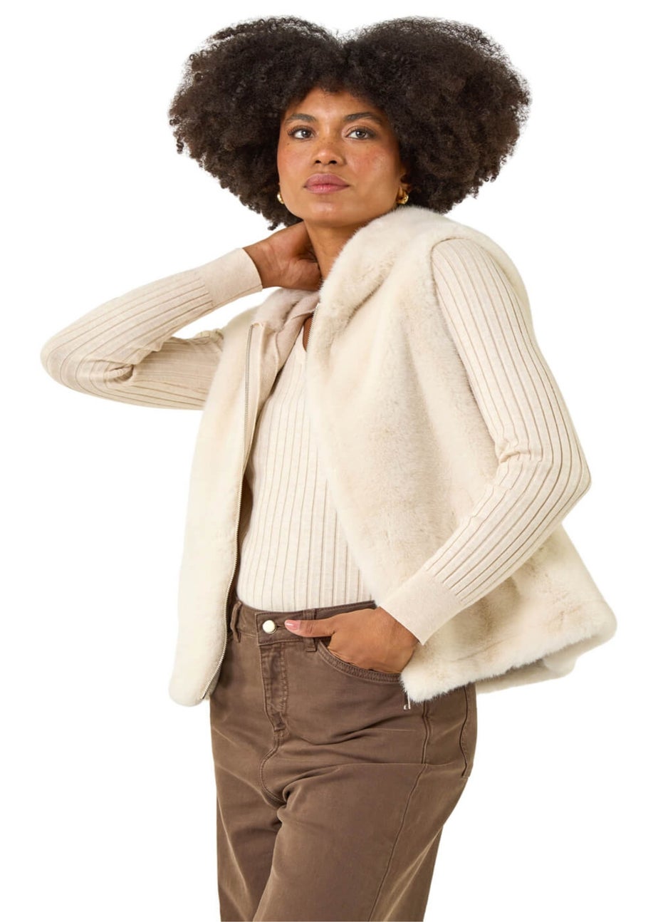 Roman Beige Hooded Faux Fur Gilet