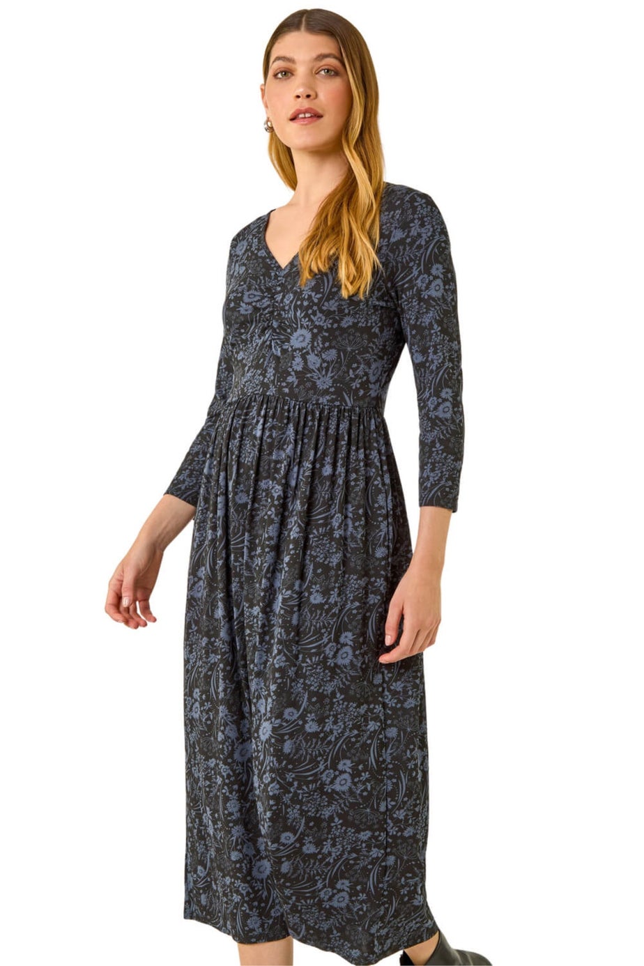 Roman Dark Grey Floral Print Ruched Stretch Midi Dress