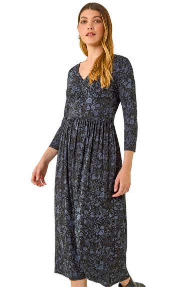 Roman Dark Grey Floral Print Ruched Stretch Midi Dress