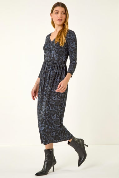 Roman Dark Grey Floral Print Ruched Stretch Midi Dress