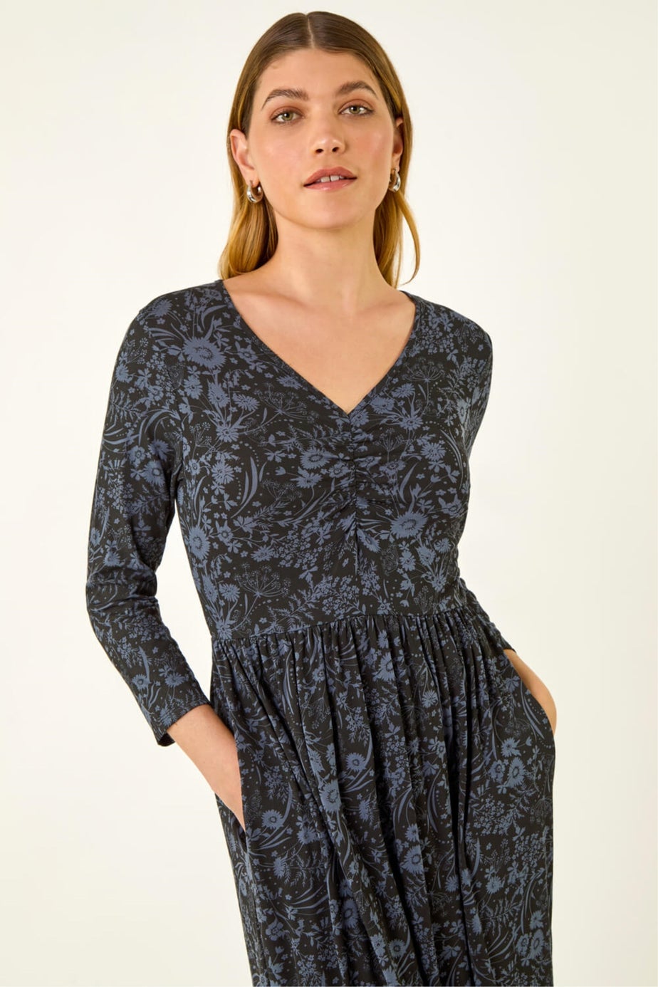 Roman Dark Grey Floral Print Ruched Stretch Midi Dress