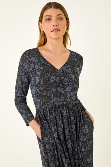 Roman Dark Grey Floral Print Ruched Stretch Midi Dress