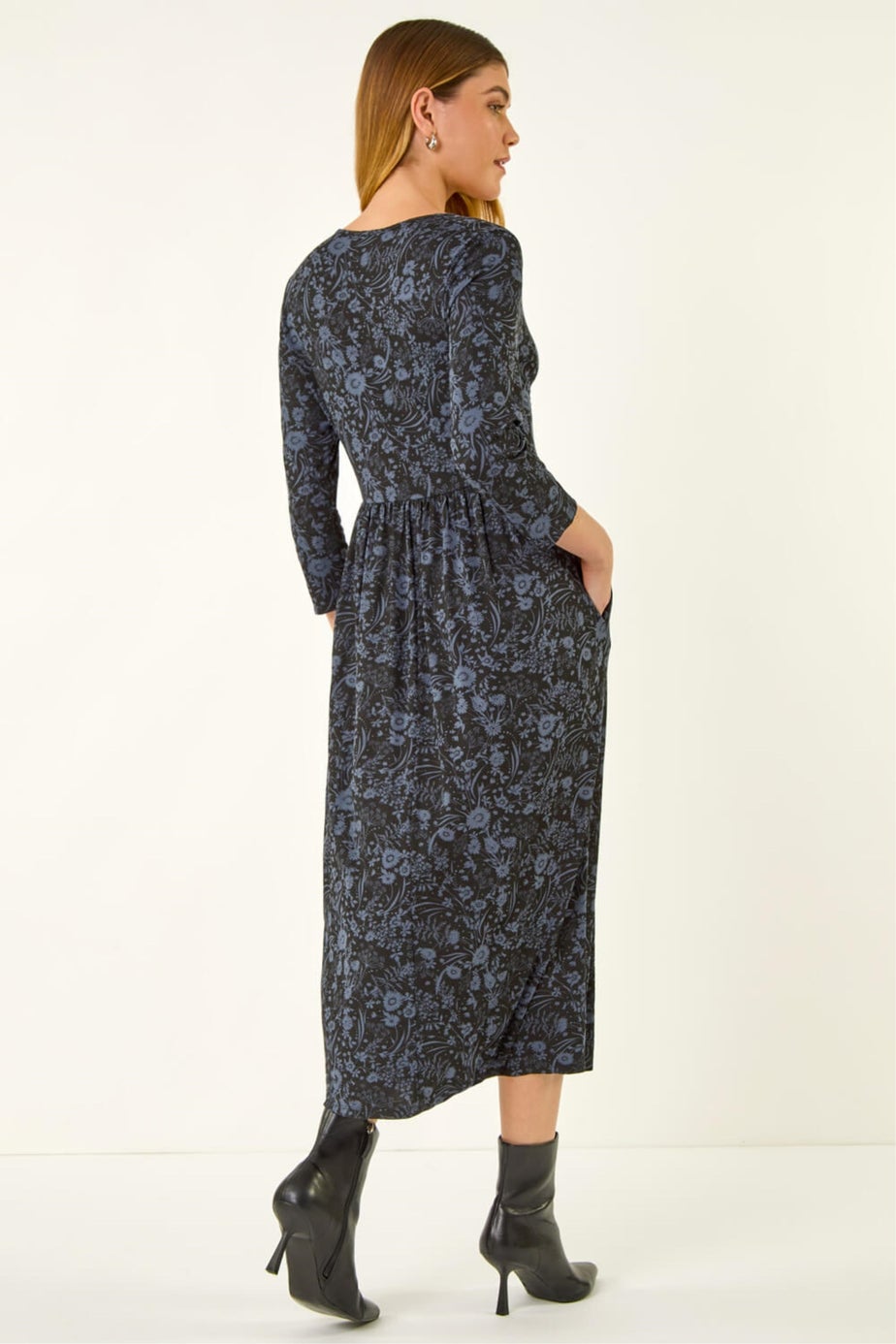 Roman Dark Grey Floral Print Ruched Stretch Midi Dress