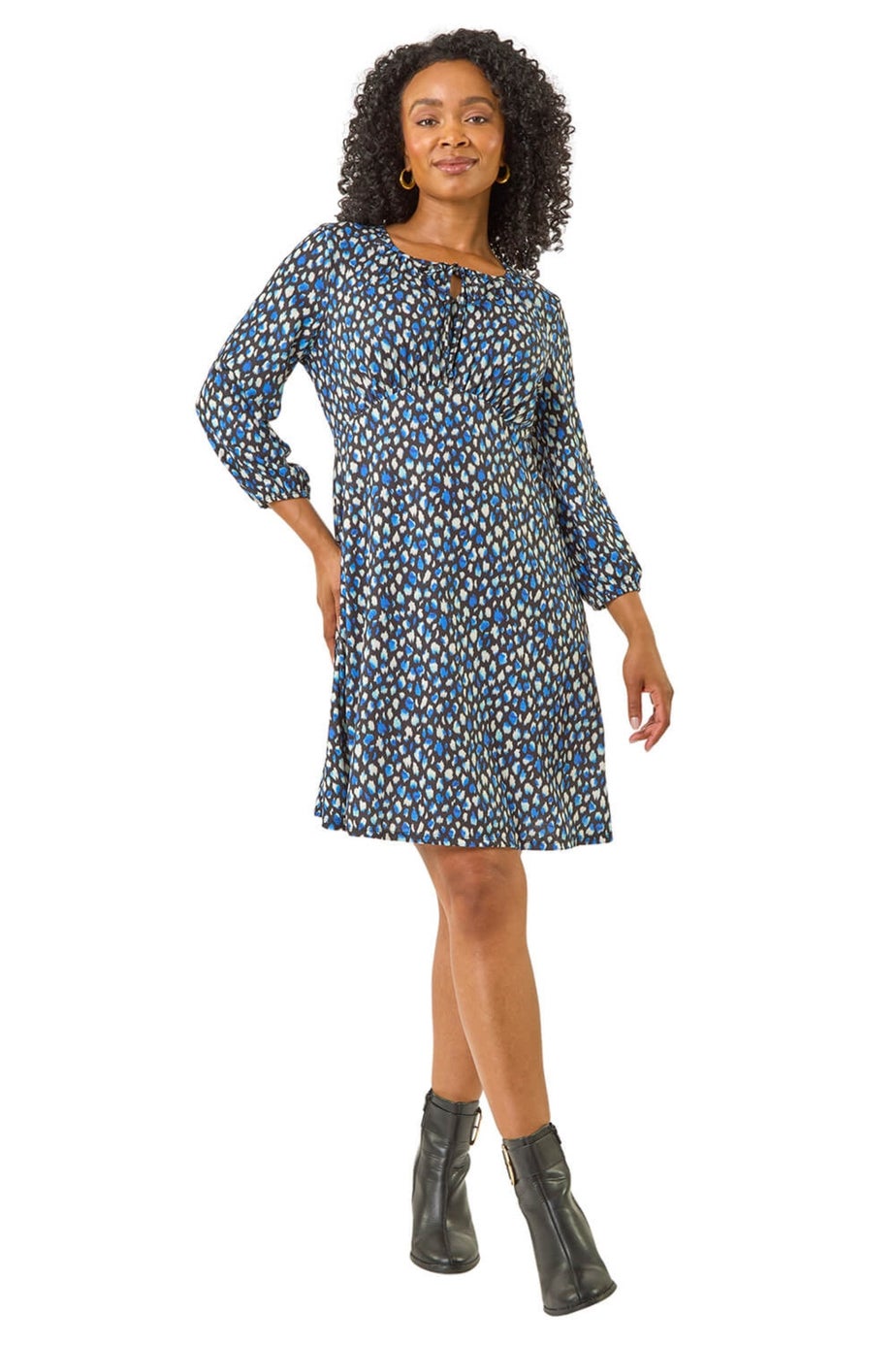 Roman Blue Petite Spot Tie Front Dress