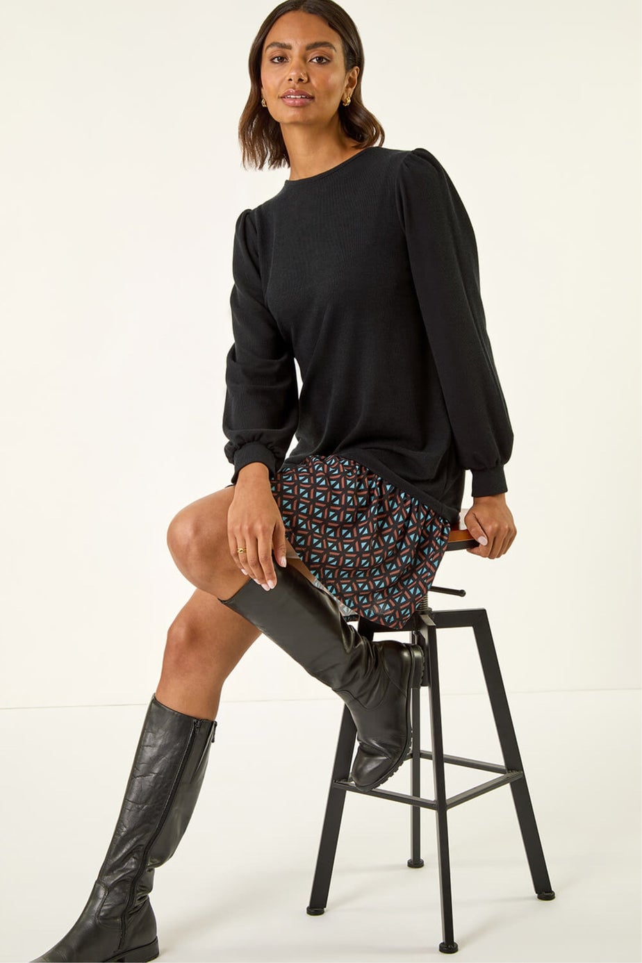 Roman Black Geometric Mix Print Mini Dress