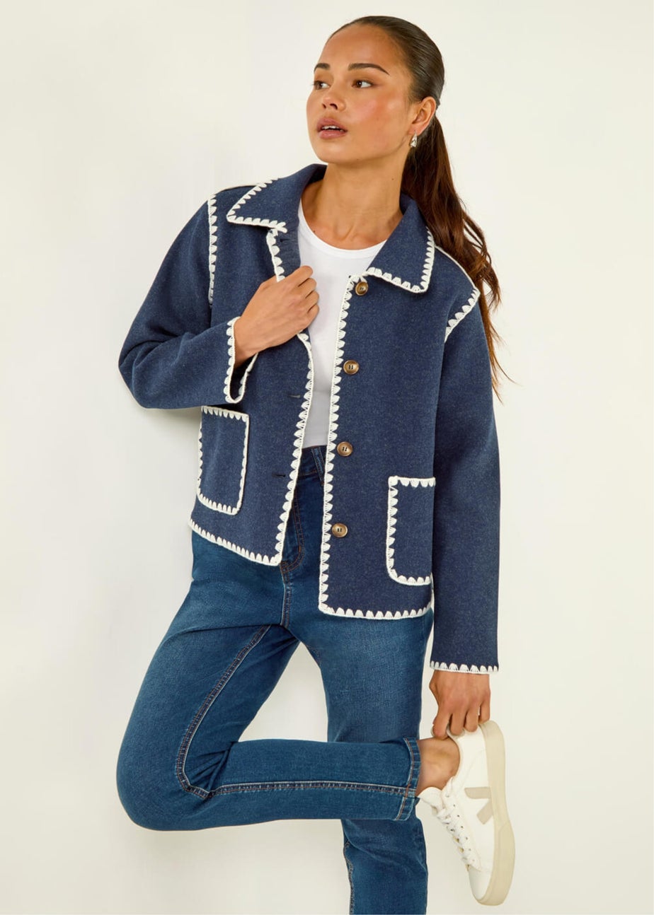 Roman Navy Petite Blanket Stitch Jacket