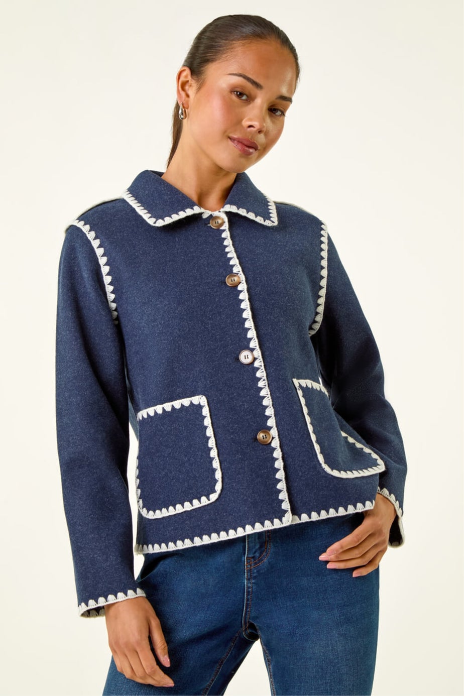 Roman Navy Petite Blanket Stitch Jacket