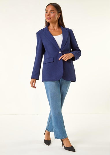 Roman Navy Petite Textured Buttoned Blazer