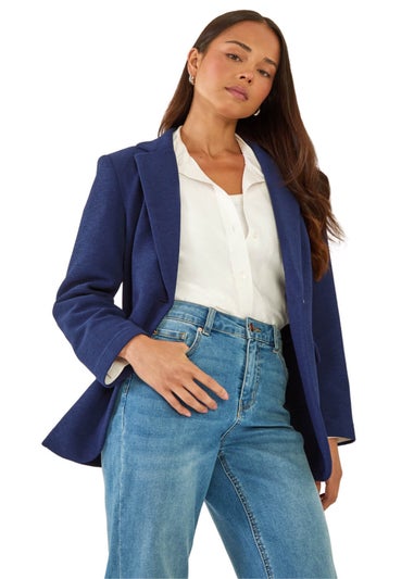 Roman Navy Petite Textured Buttoned Blazer