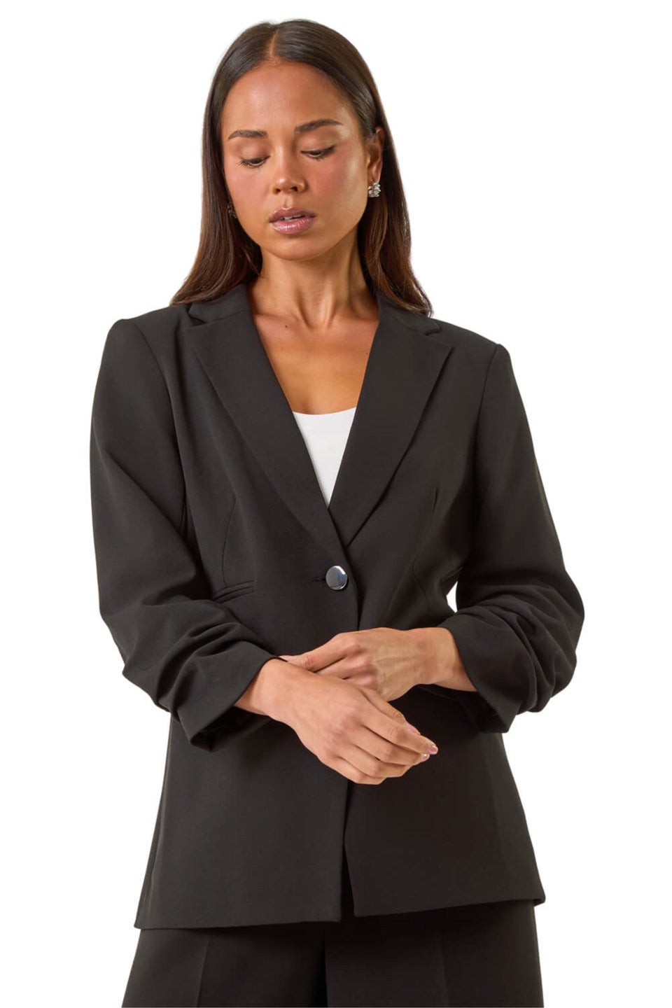 Roman Black Petite Ruched Buttoned Blazer