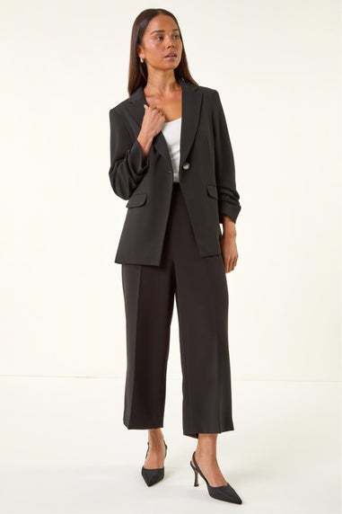Roman Black Petite Ruched Buttoned Blazer