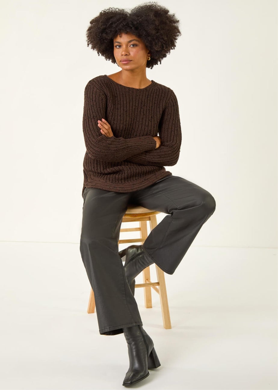 Roman Chocolate Curved Hem Stitch Knit Jumper