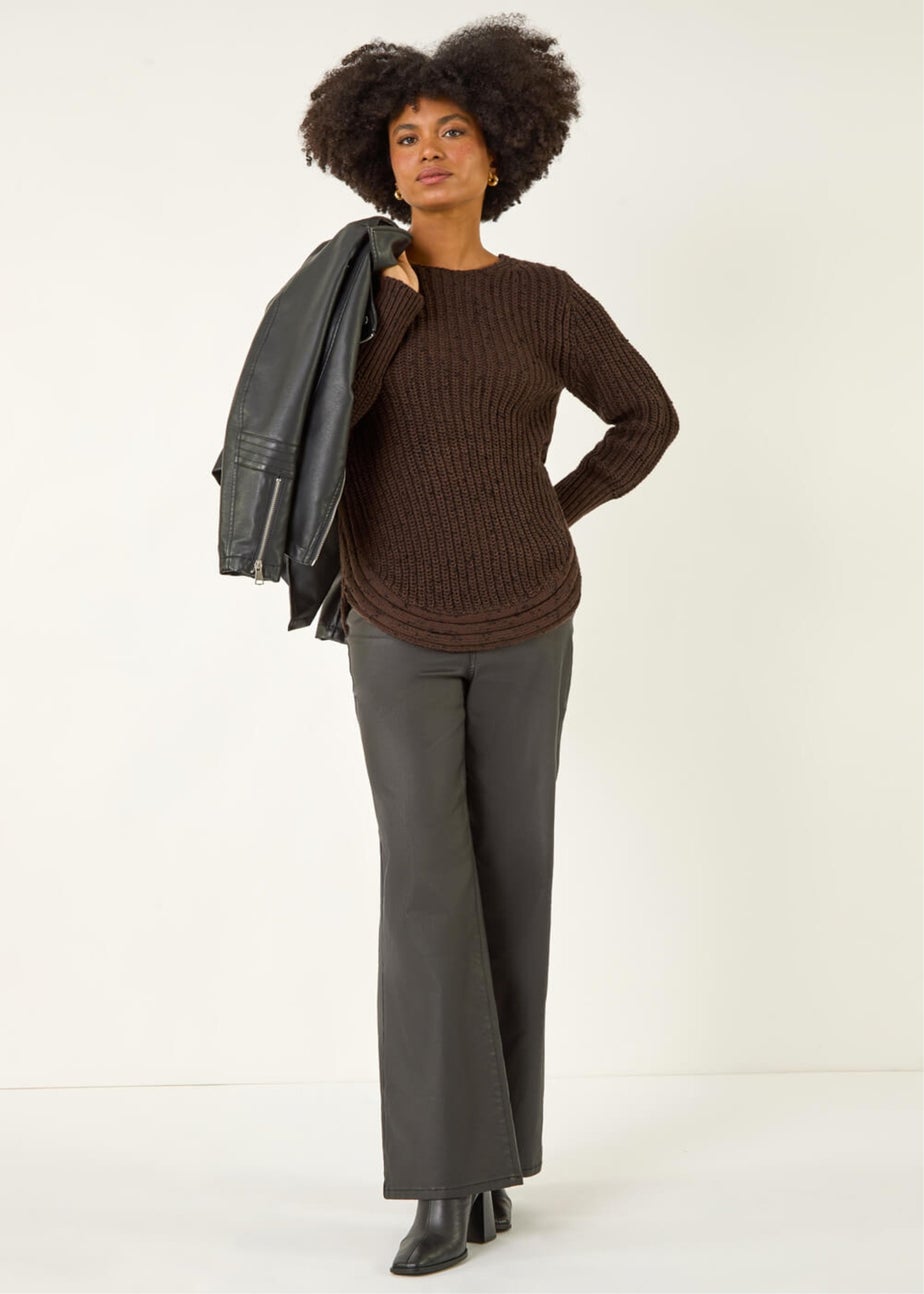 Roman Chocolate Curved Hem Stitch Knit Jumper