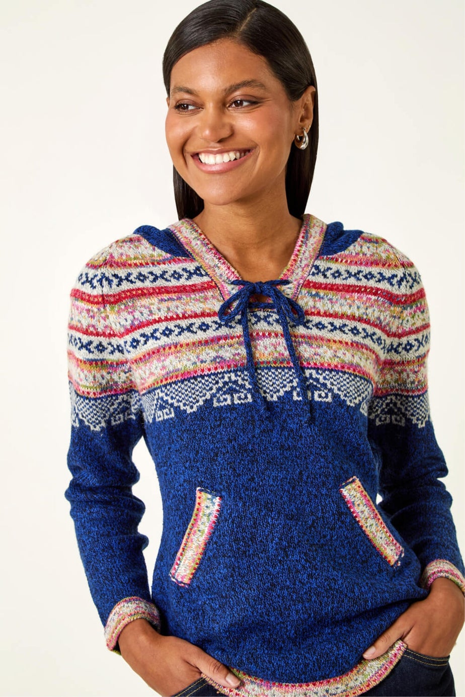 Roman Navy Nordic Print Knitted Hooded V-Neck Jumper