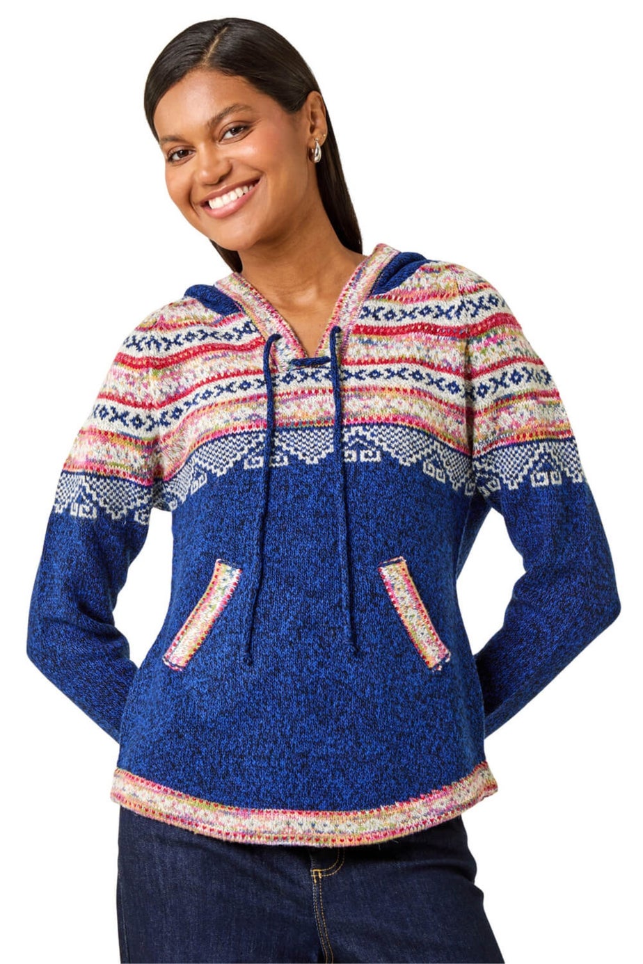 Roman Navy Nordic Print Knitted Hooded V-Neck Jumper