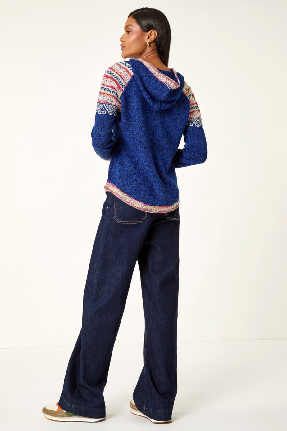 Roman Navy Nordic Print Knitted Hooded V-Neck Jumper