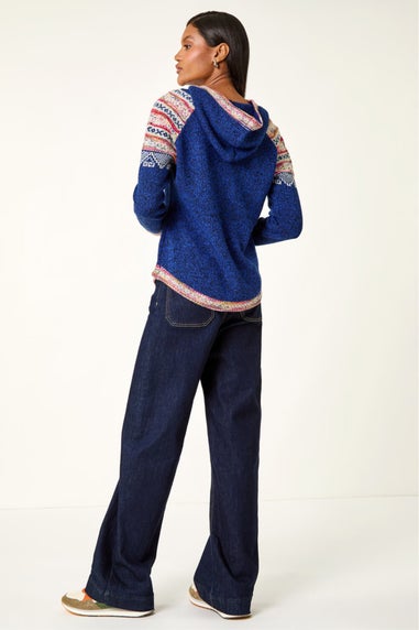 Roman Navy Nordic Print Knitted Hooded V-Neck Jumper