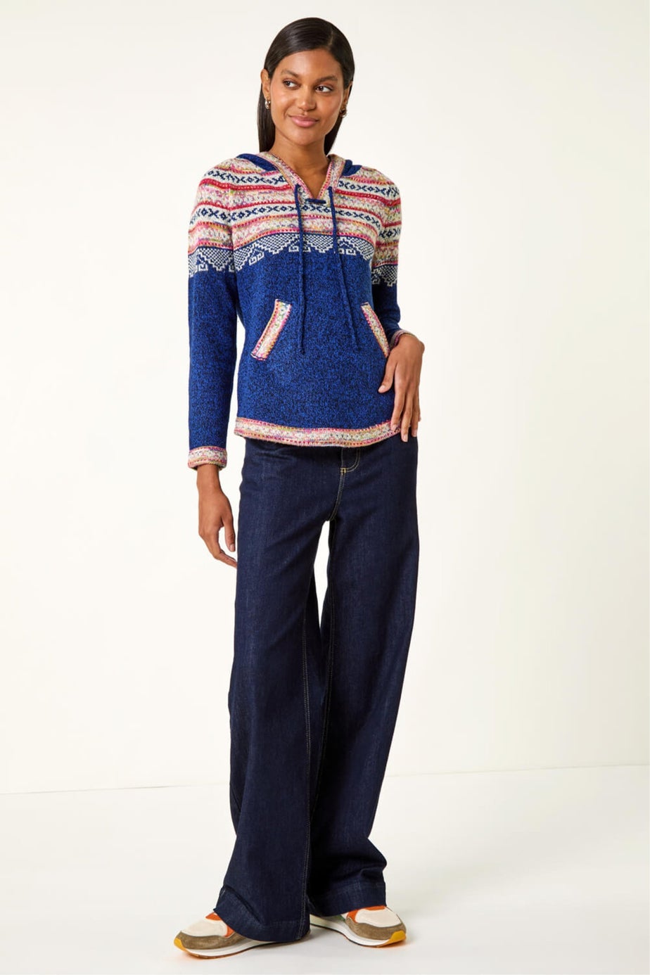 Roman Navy Nordic Print Knitted Hooded V-Neck Jumper