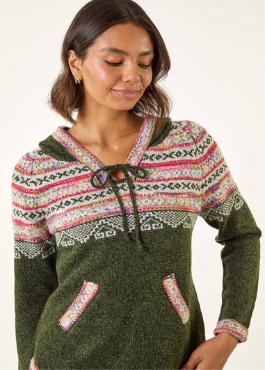 Roman Khaki Nordic Print Knitted Hooded V-Neck Jumper
