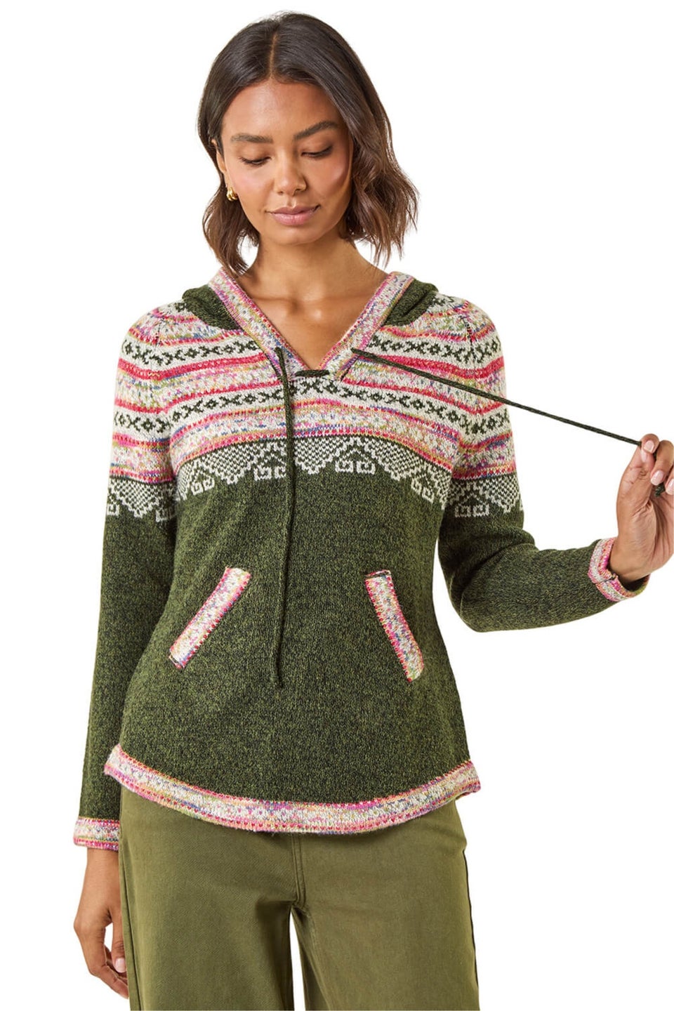 Roman Khaki Nordic Print Knitted Hooded V-Neck Jumper