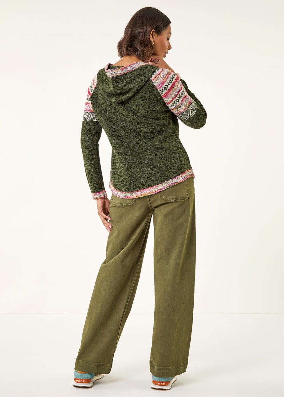 Roman Khaki Nordic Print Knitted Hooded V-Neck Jumper