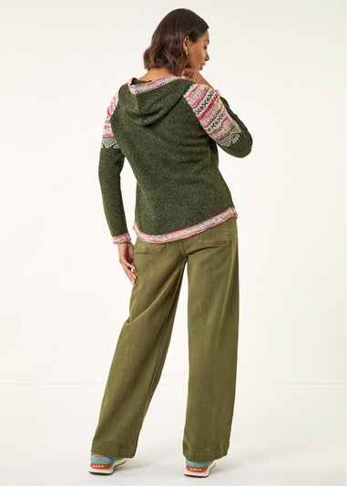 Roman Khaki Nordic Print Knitted Hooded V-Neck Jumper