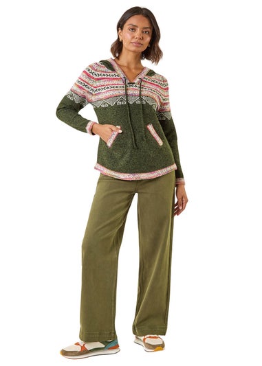 Roman Khaki Nordic Print Knitted Hooded V-Neck Jumper
