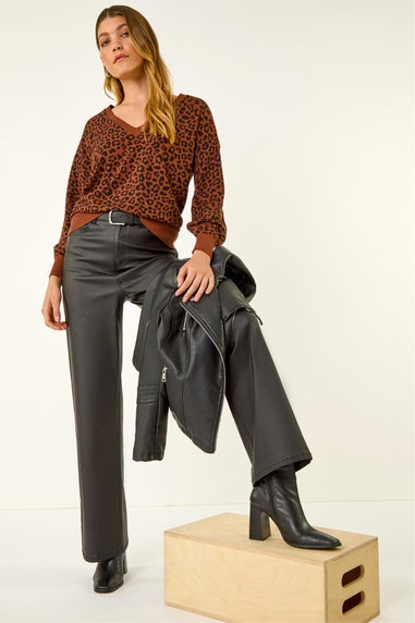 Roman Brown Animal Print V-Neck Boyfriend Jumper