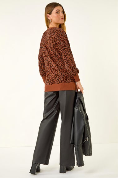 Roman Brown Animal Print V-Neck Boyfriend Jumper