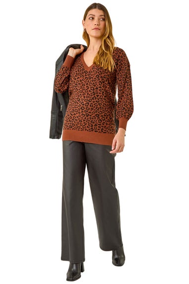 Roman Brown Animal Print V-Neck Boyfriend Jumper