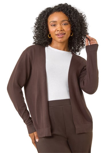 Roman Chocolate Petite Plain Stretch Cardigan