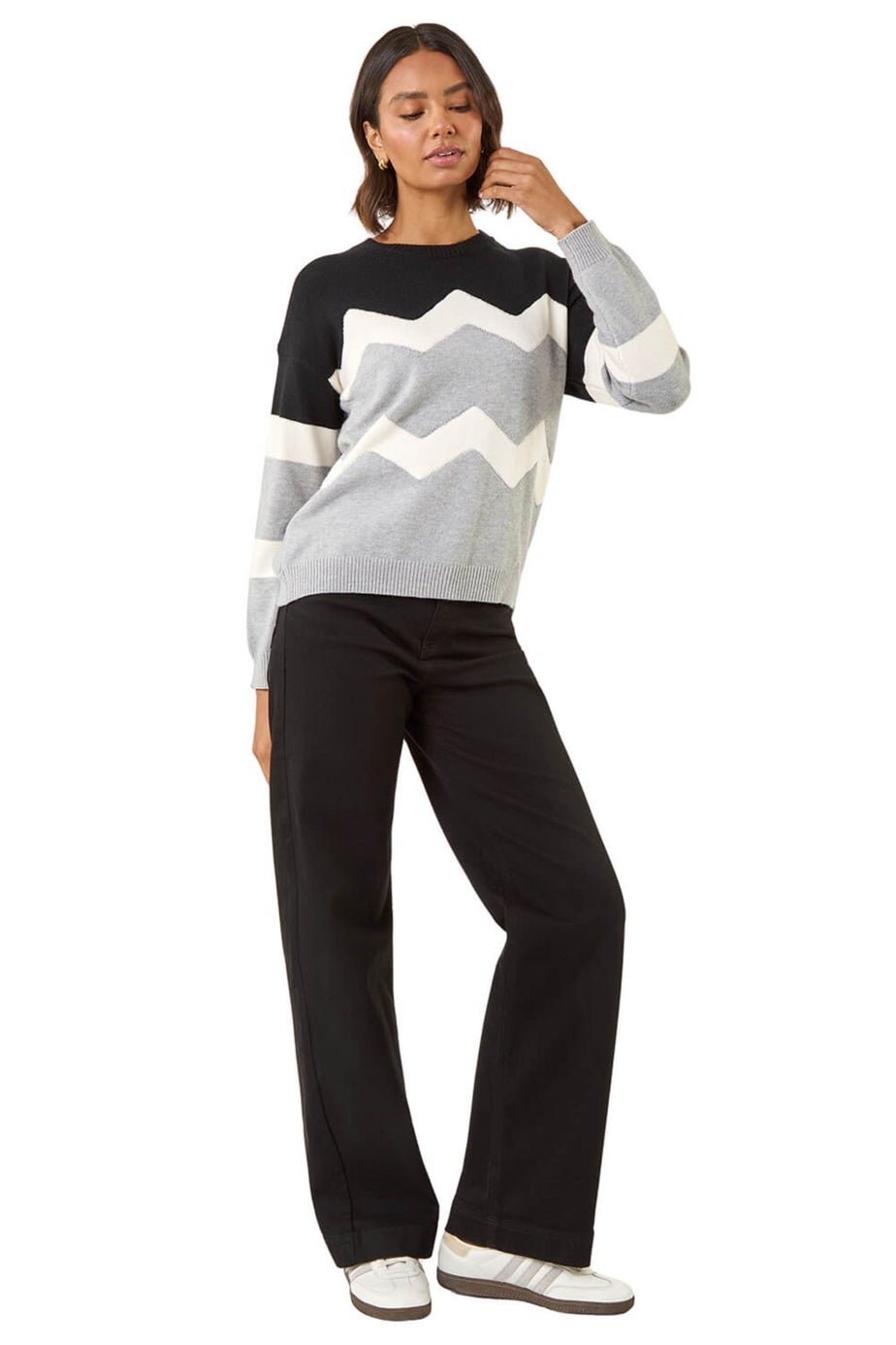 Roman Grey Colour Block Zig Zag Knit Jumper
