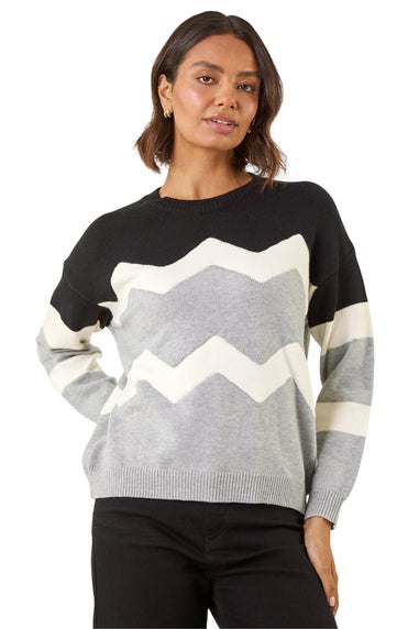 Roman Grey Colour Block Zig Zag Knit Jumper