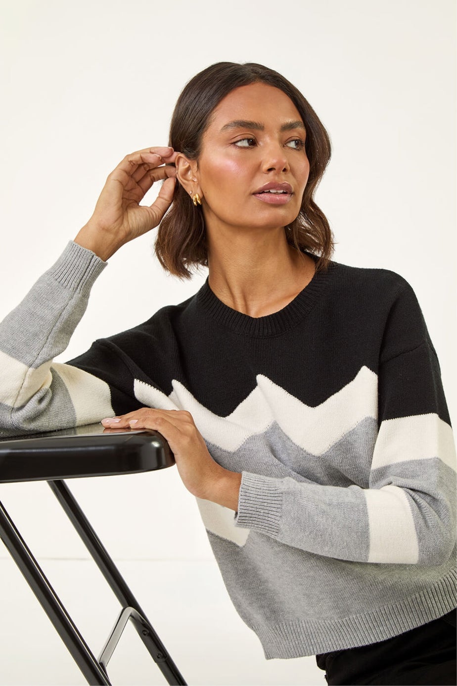 Roman Grey Colour Block Zig Zag Knit Jumper