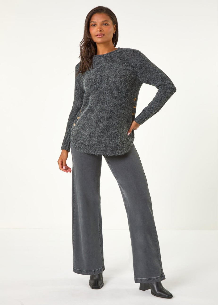 Roman Black Button Detail Curved Hem Jumper