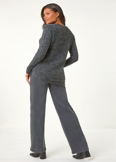 Roman Black Button Detail Curved Hem Jumper