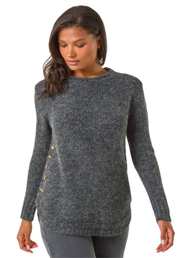 Roman Black Button Detail Curved Hem Jumper
