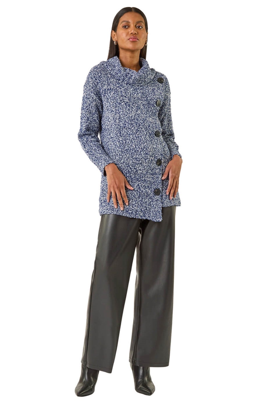 Roman Blue Roll Neck Button Detail Longline Jumper