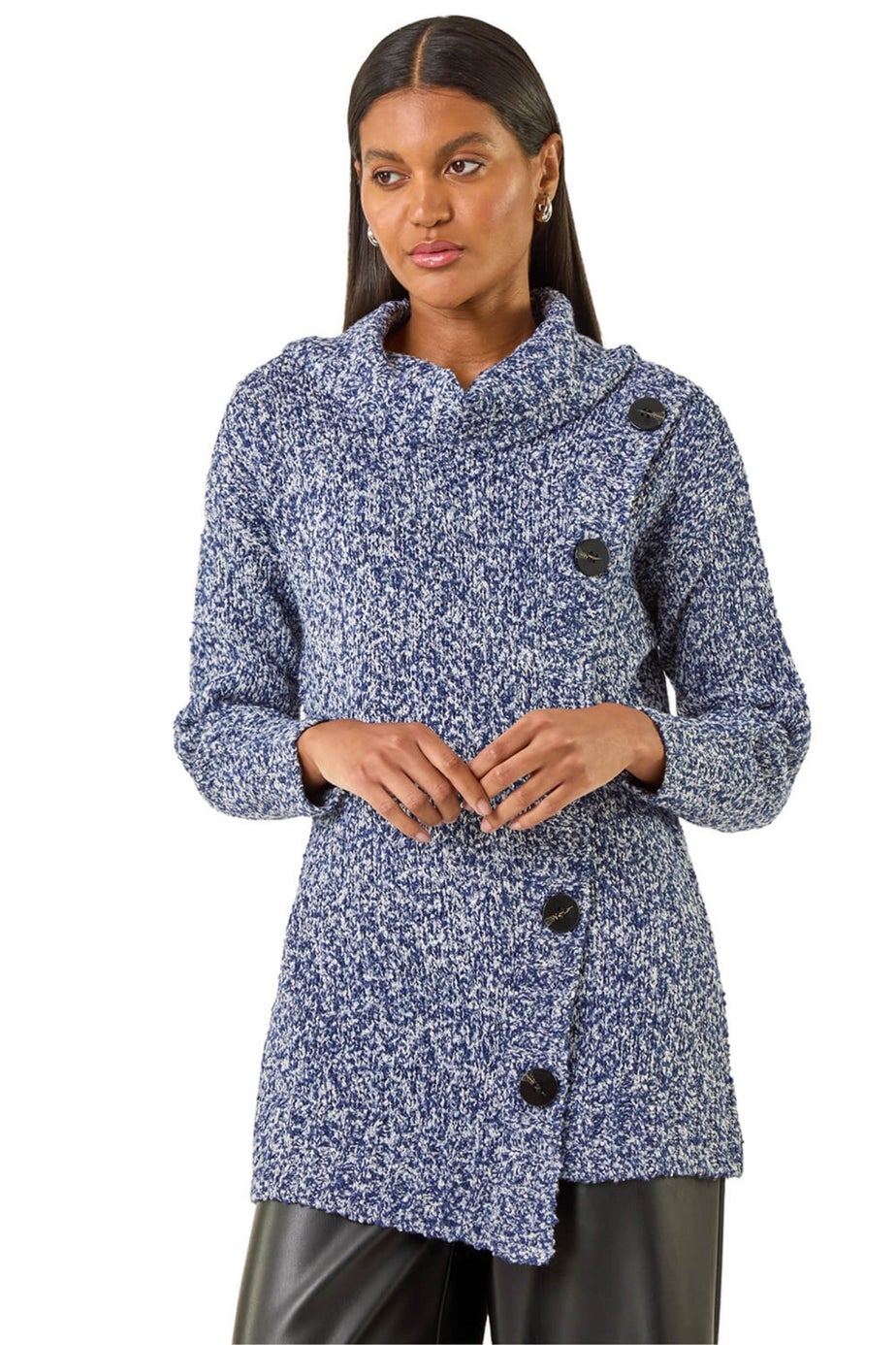 Roman Blue Roll Neck Button Detail Longline Jumper