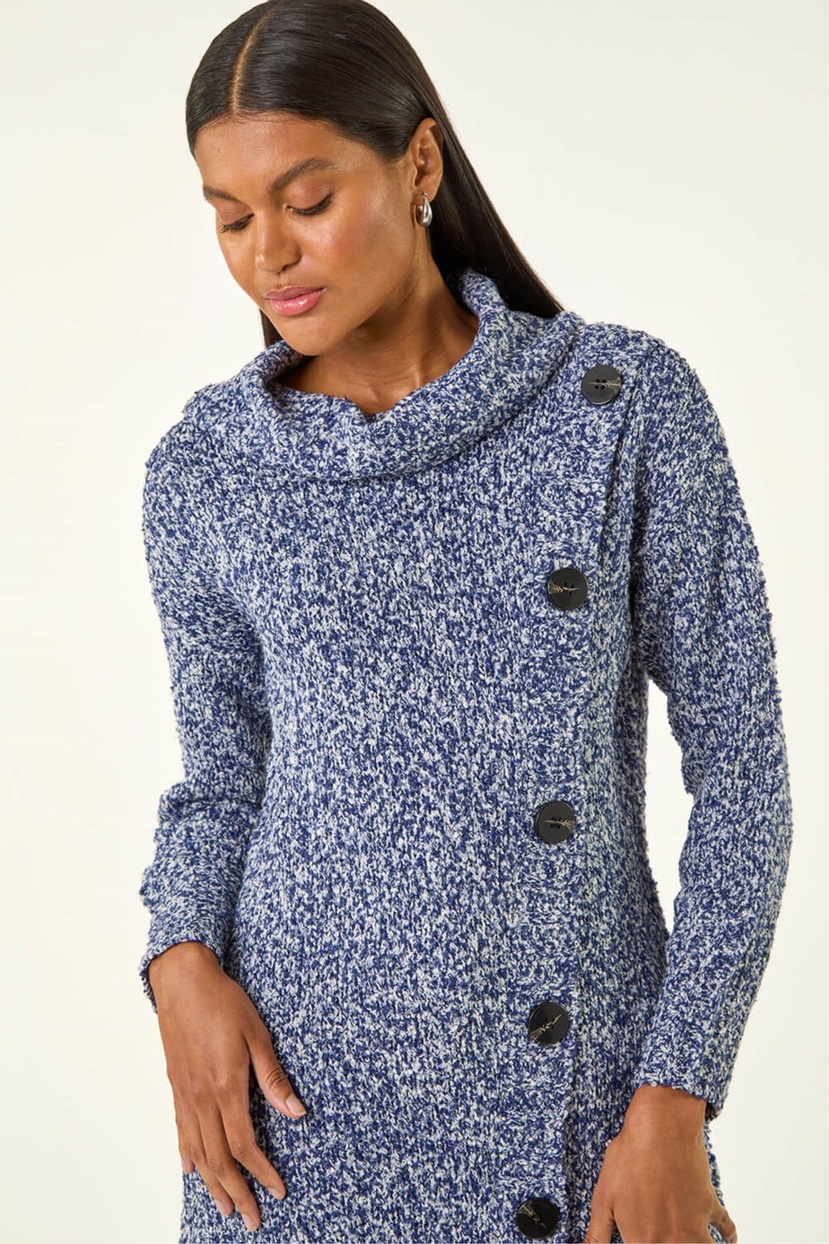 Roman Blue Roll Neck Button Detail Longline Jumper