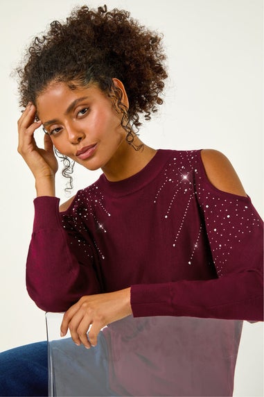 Dusk Wine Embellished Cold Shoulder Knit Jumper