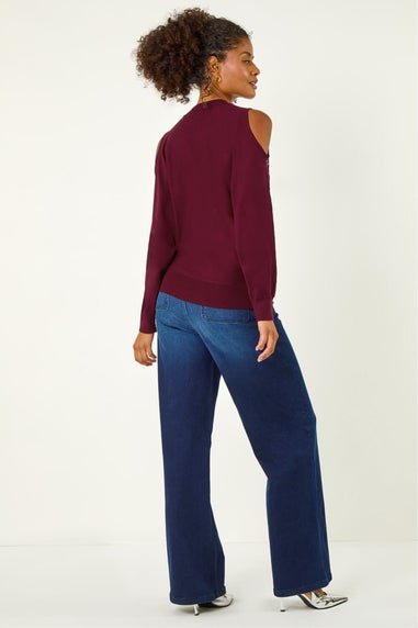 Dusk Wine Embellished Cold Shoulder Knit Jumper