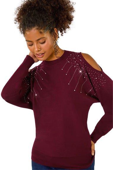 Dusk Wine Embellished Cold Shoulder Knit Jumper